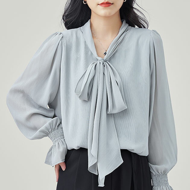 ボウタイ付き キャンディ袖 長袖 シアー ブラウス 女性 レディース トップス プルオーバー 春 夏 秋 単色 無地 薄手 リボン 透け感 シフォン 華やか きれいめ 上品 オフィス オケージョン セレモニー オンコーデ シャーリング ギャザー