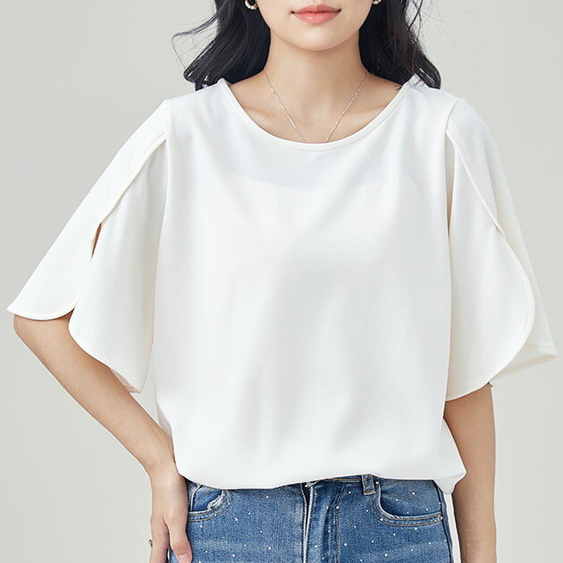 樂天商城 - ソリッドカラー フレア 半袖 クルーネック ブラウス 女性 レディース トップス プルオーバー 春 夏 秋 単色 無地 華やか きれいめ 上品 オフィス オケージョン セレモニー オンコーデ シンプル 着まわし ラウンドネック 丸首 ハーフ袖