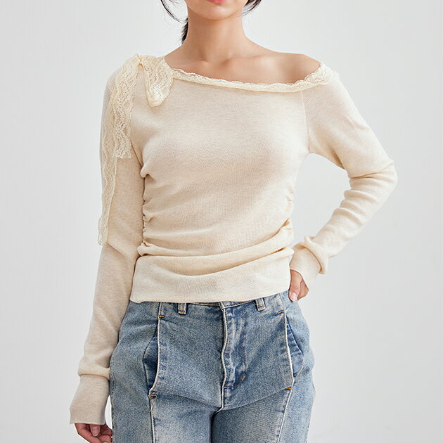 乐天商城 - アシンメトリー ボートネック 配レース ニット プルオーバー 女性 レディース 春 秋 冬 トップス セーター 左右非対称 ワンショルダー風 デコルテ カジュアル きれいめ ロマンチック　ガーリー フェミニン 大人 単色 無地 薄手 シンプル