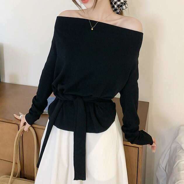 樂天商城 - ウールブレンド サイドギャザー リボンベルト付き 長袖 カットソー トップス レディース 女性 春 秋 オフショルダー ワンショルダー 単色 ワンカラー 無地 肌見せ 抜け感 スタイルアップ 細見え フェミニン 大人っぽい 女性らしい おしゃれ トレンド