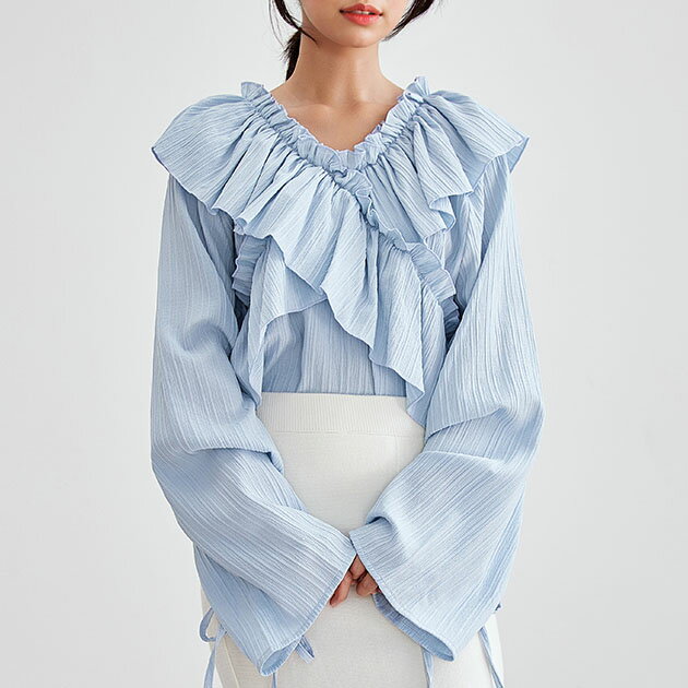 Rakuten - クロス フリル Vネック デザイン ブラウス 女性 レディース トップス プルオーバー チュニック 春 秋 冬 単色 ストライプ 表面感 立体感 上品 大人 きれいめ ドレッシー フレンチ 華やか ボリューミー 可愛い キュート 甘め ロマンチック