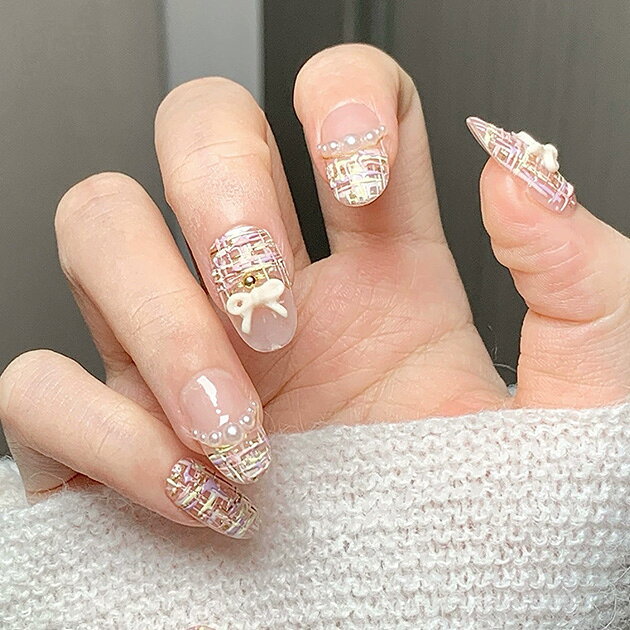 3D リボン ミックス ツイード ネイルチップ 女性 レディース 爪 ネイルアート シール つけ爪 大人 きれいめ 上品 ベージュ テキスタイル 華やか パール ゴールド メタリック カジュアル オフィス オンコーデ 女子会