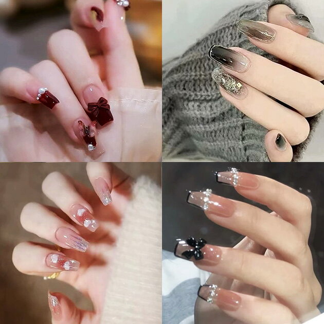 バラエティ クリア デザイン スクエア ネイルチップ 女性 レディース 爪 ネイルアート シール つけ爪 大人 きれいめ 上品 華やか エレガント ドレッシー ラメ リボン フレンチ クラウド 立体 オフィス セレモニー パーティー 結婚式