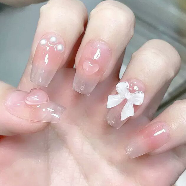 ハート リボン 3D デザイン ネイルチップ 女性 レディース 爪 ネイルアート シール つけ爪 大人 きれいめ 上品 ナチュラル ガーリー パール クリア シアー ピンク ツヤ 可愛い キュート オフィス
