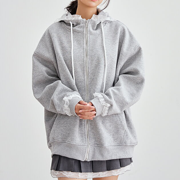 Rakuten - 配レース ジップアップ 長袖 フーデット パーカー 女性 レディース アウター ジャケット 羽織り カーディガン 春 秋 冬 単色 無地 フリル シアー シフォン チュール 可愛い キュート ガーリー デイリー カジュアル 体型カバー