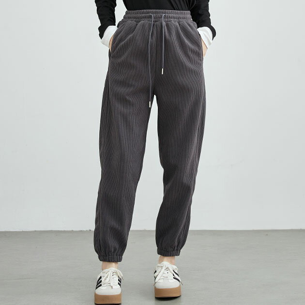 コーデュロイ ウエスト イージー ジョガー パンツ 女性 レディース メンズライク ユニセックス ボトム ズボン 秋 冬 ワークパンツ ゴム リブ 単色 無地 カジュアル ストリート 楽ちん 部屋着 ワンマイル ルームウエア シンプル