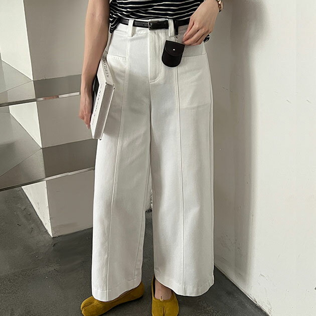 乐天商城 - ベルトポーチ付き ハイウエスト ストレート ワイド パンツ 女性 レディース ボトム ズボン 春 夏 秋 冬 単色 無地 シンプル ミニマル ボリューム ベルト 幅広 オンコーデ きれいめ 大人 カジュアル ポシェット