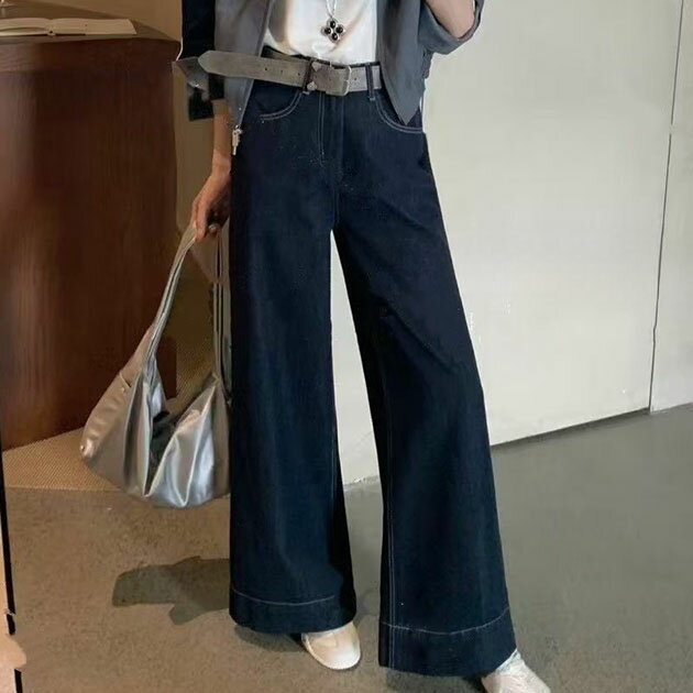 Rakuten - ハイウエスト 裾 ステッチ デニムパンツ 女性 レディース ボトム ズボン パンツ 春 夏 秋 冬 単色 無地 カジュアル きれいめ ストレート 脚長効果 スタイルアップ 腰高設計 大人 上品 定番 着まわし