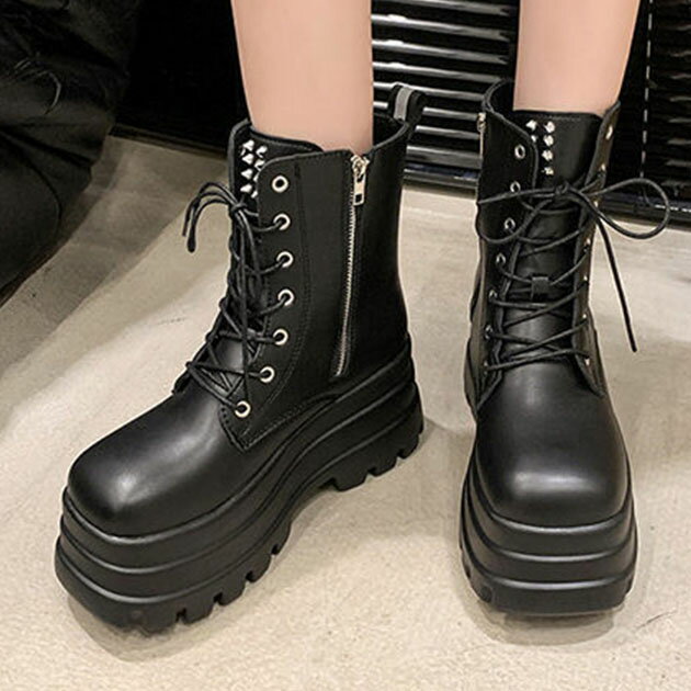 レザー調 厚底 レースアップ ショート ブーツ 女性 レディース 靴 シューズ 長靴 秋 冬 合成皮革 カジュアル きれいめ 大人 ボリューム..