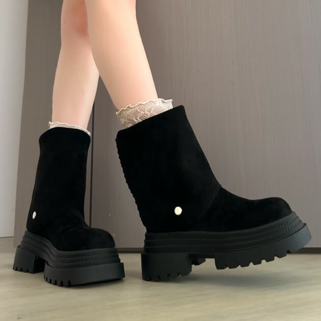 Rakuten - 2WAY スナップ付き レザー調 厚底 ロングブーツ 女性 レディース 靴 シューズ 長靴 スノーブーツ 秋 冬 ボリューム ゴツめ Vカット ウエスタン 合成皮革 シンプル カジュアル ミドル丈 ラウンドトゥ トラックソール