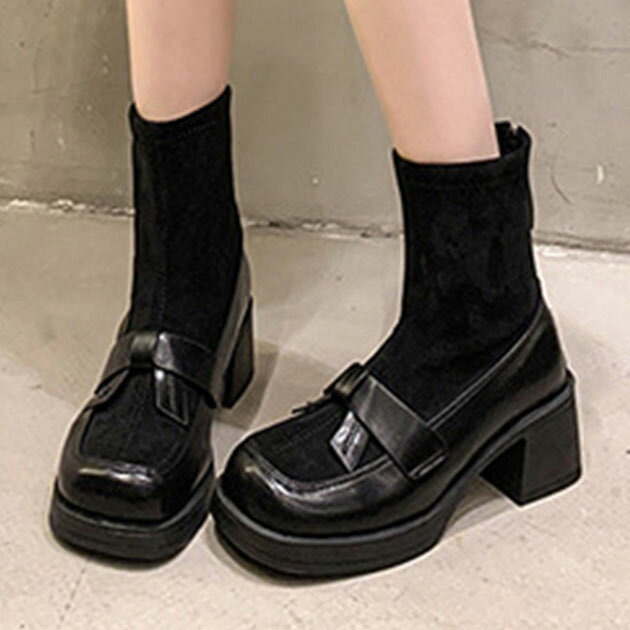 リボン付き パンプス風 ソフト ショート ブーツ 女性 レディース 靴 シューズ 長靴 秋 冬 合成皮革 レザー調 スエード調 カジュアル きれいめ チャンキーヒール 大人 クラシカル マット 異素材 上品 パンプス