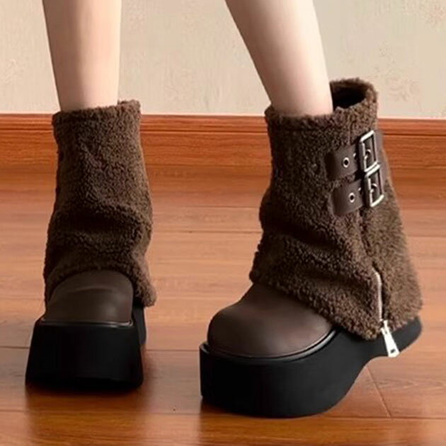 ベルト付き ボア カバー ミドル ブーツ 女性 レディース 靴 シューズ 長靴 秋 冬 ロング ルーズ 細見え スタイルアップ ファスナー ソフト ファー 防寒 レッグカバー 厚底 ラウンドトゥ ボリューム ベルト エッジィ