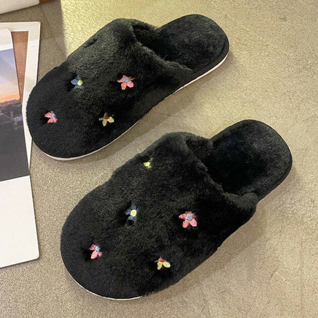 Rakuten - ソリッドカラー フラワー 刺繍 ファー スリッパ 女性 レディース ルームシューズ 春 秋 冬 単色 無地 花柄 カラフル ポップ キュート 可愛い ガーリー カジュアル ふわふわ ソフト あったか 防寒 フラット