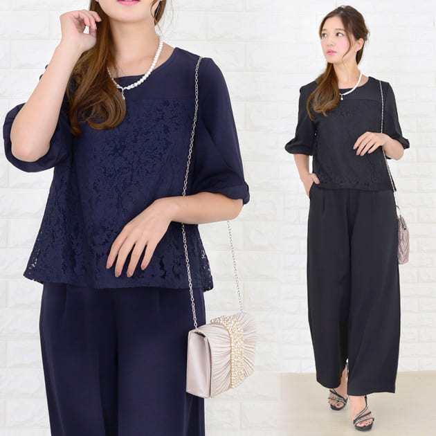 パーティードレス パンツドレス セットアップ パンツスタイル 花柄レース 5分袖 半袖 リボン袖 結婚式 披露宴 二次会 お呼ばれ 七五三 レディース フォーマル 大きいサイズ 20代 30代 40代 黒 紺 春 夏 秋 お呼ばれ 他と被らない