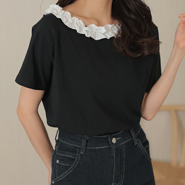 乐天商城 - DAYRA 2way 配色 フリルネック 半袖 カット トップス クルーネック 女性 レディース 夏 サマー バイカラー ワンショルダー 肌見せ 抜け感 清涼感 おしゃれ かわいい 着映え スイート キュート ガーリー 色っぽい 大人女子 トレンド デート