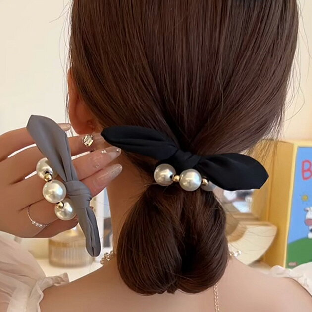 乐天商城 - 【3点セット】パール リボン デザイン ヘアゴム 女性 レディース ヘアアクセサリー ヘッドドレス 春 夏 秋 冬 単色 上品 カジュアル きれいめ 大人 可愛い キュート うさぎ ラビット ガーリー 真珠