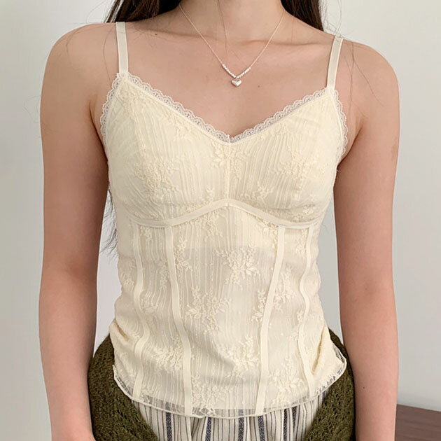 Rakuten - ロマンチック レース コンパクト カップ付き キャミソール 女性 レディース インナー 下着 肌着 春 夏 秋 冬 トップス 重ね着 フェミニン 花柄 フラワー ボタニカル 透け感 シアー Vネック ブラトップ フリル スカラップ ビスチェ