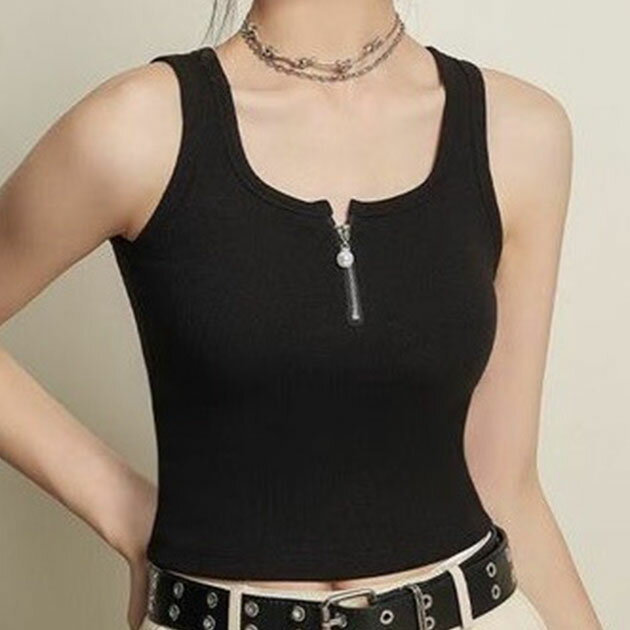 Rakuten - ハーフジップ パール付き ノースリーブ カップ付き タンクトップ 女性 レディース インナー 下着 肌着 ブラトップ ブラジャー 単色 無地 ミニマル シンプル カジュアル きれいめ ストリート 上品 大人 リブ ベーシック 着まわし