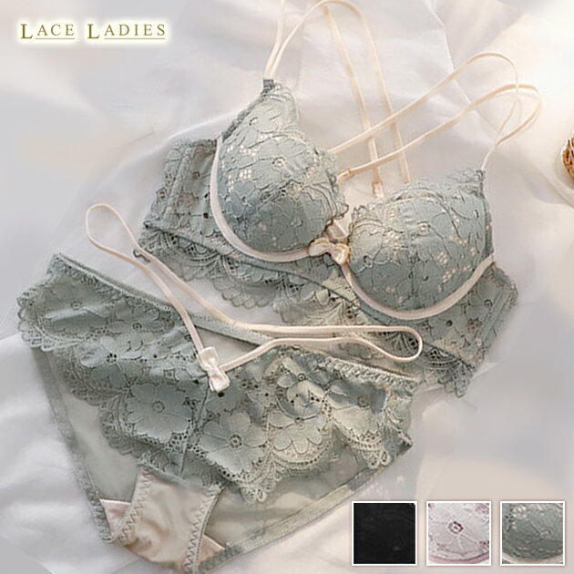 盛れる ブラ&ショーツ 2点セット ブラック ピンク グリーン レース ブラジャー 可愛い レディース 谷間 美胸 バストアップ 谷間 ブラショーツ ランジェリ...