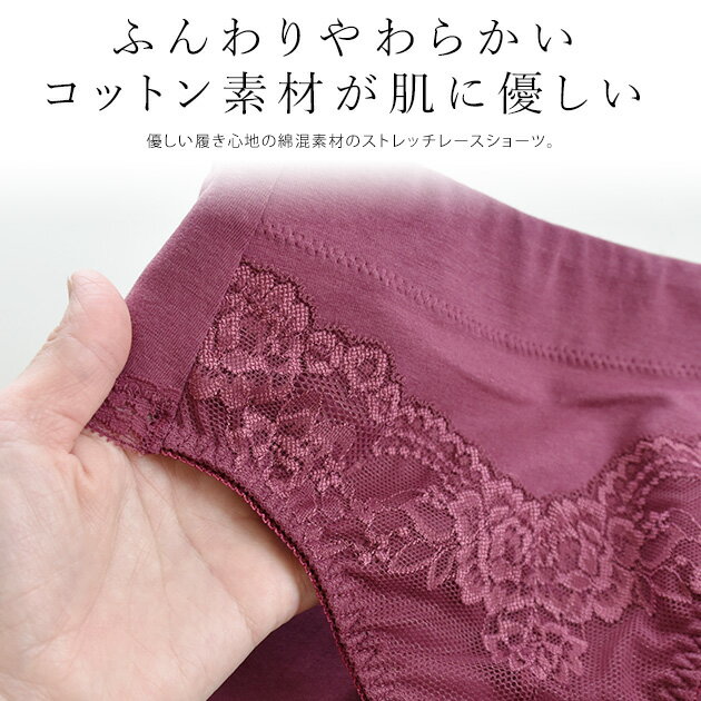 レースショーツ レディース 綿混 コットン 下着 単品 パンティー きれいめ ショーツ 響かない ベーシック デイリー ストレッチ 伸縮性 通気性 ブラック グレー ピンク ベージュ ホワイト ワインレッド 黒 白 花柄 ランジェリー 女性 レギュラー