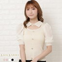 チョーカー リブ サマーニット トップス レディース 半袖 パフスリーブ シフォン パールボタン 春 夏 レトロ ガーリー フェミニン きれいめ ホワイト ピンク ベージュ ブラック