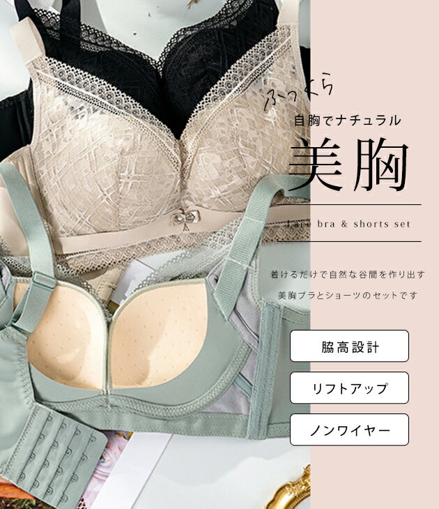ノンワイヤー ブラジャー ショーツ 2点セット チェック柄 レース 3／4カップ 脇高 ...