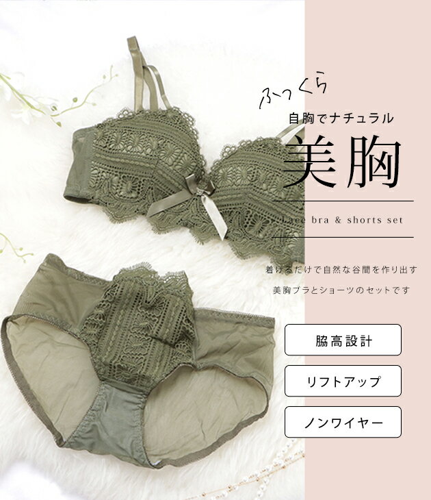 ノンワイヤー ブラジャー ショーツ 2点セット ケミカルレース 3／4カップ 脇高 3段...