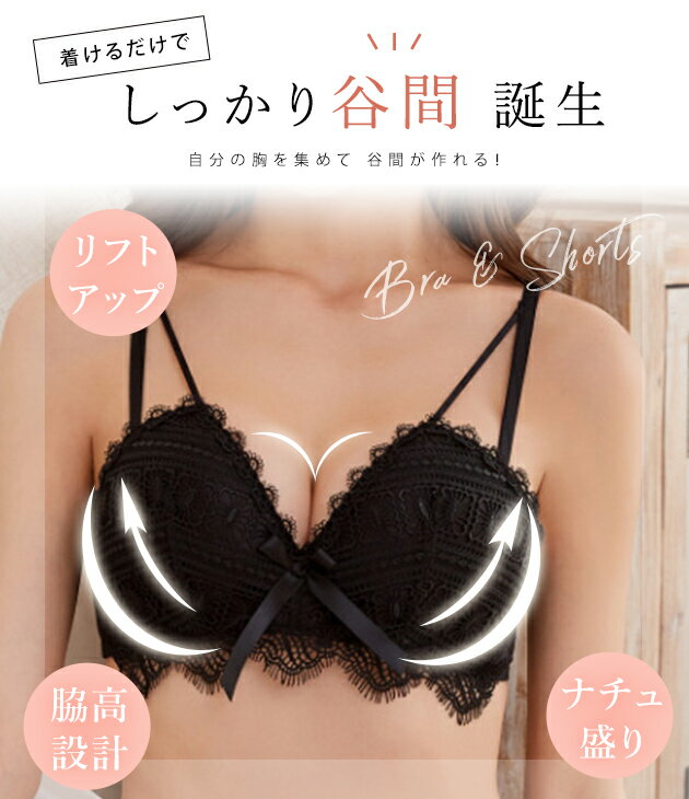 ノンワイヤー ブラジャー ショーツ 2点セット ケミカルレース 3／4カップ 脇高 3段...