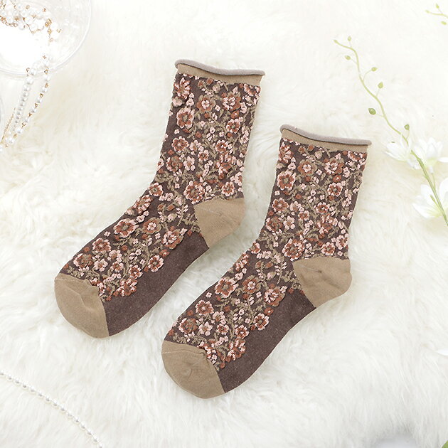 【5足セット】 靴下 クルーソックス 花柄 5足セット レディース くつ下 くつした レトロ ガーリー フェミニン ヴィンテージ ナチュラル 秋 冬 春 ブラック ホワイト ブラウン イエロー