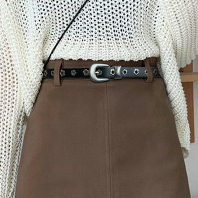 レザー調 フラワー メタル パンチング ベルト レディース 女性 春 夏 秋 冬 細ベルト ウエストマーク ベルトマーク アクセント お花 ハトメ 細め 可愛い キュート クール カッコイイ カジュアル モード おでかけ デート おしゃれ 普段使い