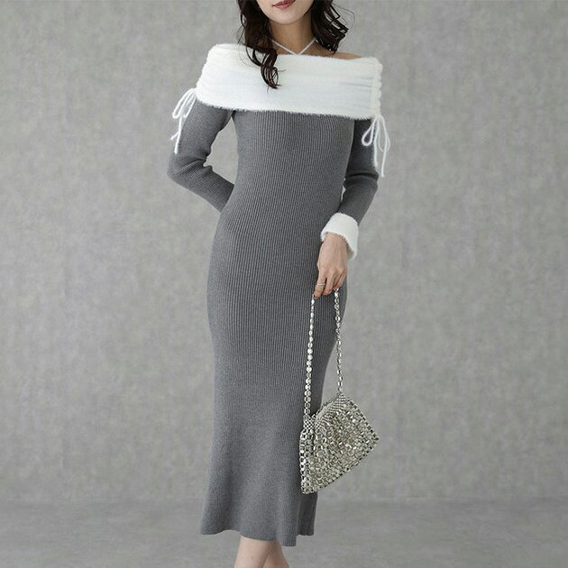 配色 シャギー オフショル ロング ニット ワンピース 長袖 レディース 女性 秋 冬 リブニット マーメイド ドロスト シャーリング 着映え 細見え タイト 着映え フェミニン 上品 レディ きれいめ おでかけ デート お食事会 ホリデーシーズン