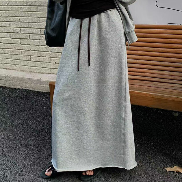 ソリッドカラー マキシ丈 イージー カット スカート 女性 レディース ボトム 春 秋 冬 単色 無地 Iライン タイト シンプル カジュアル ストリート きれいめ 体型カバー 楽ちん カットソー 切りっぱなし