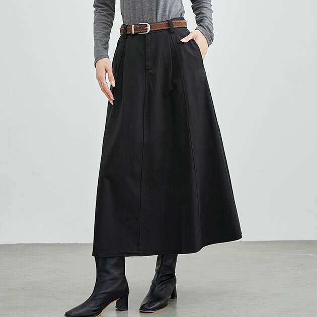 ベルト付き フロント ジップ タック スカート 女性 レディース ボトム 春 秋 冬 Aライン マキシ 単色 無地 シンプル ミニマル ベーシック 大人 上品 カジュアル デイリー クラシカル フレア 着まわし
