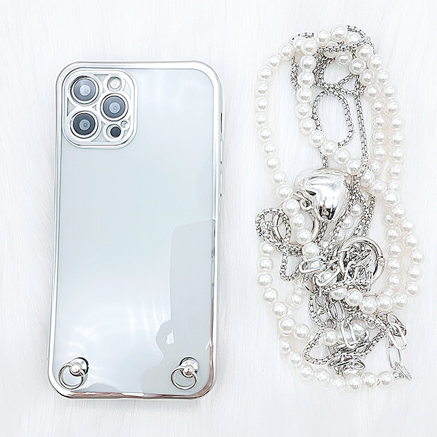 パールチェーンストラップ TPU クリア メタルフレーム iPhoneケース スマホケース ...
