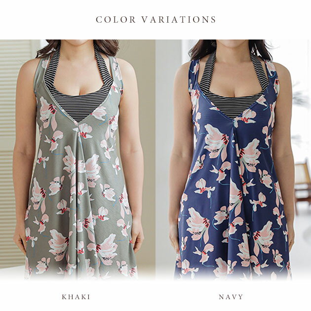 花柄ワンピース付きボーダータンキニ3点セット女性 レディース 水着 ビーチ 海 プール スイムウエア スイミング シュノーケリング フラワー 大柄 エレガント 上品 華やか 大人っぽい 落ち着いた カジュアル しましま 体系カバー ネイビー グリーン