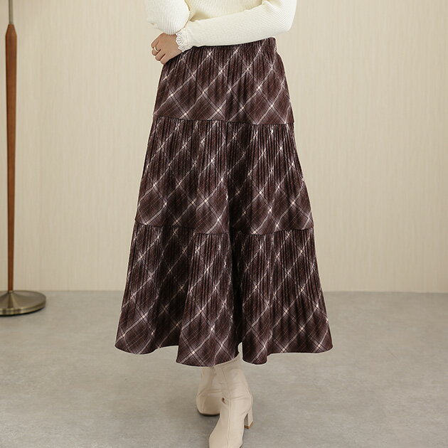 配色 チェック ティアード マキシ スカート 女性 レディース ボトム 春 夏 秋 冬 ロング ウエストゴム イージースカート Aライン フレア プリーツ クラシカル トラディショナル カジュアル きれいめ 大人