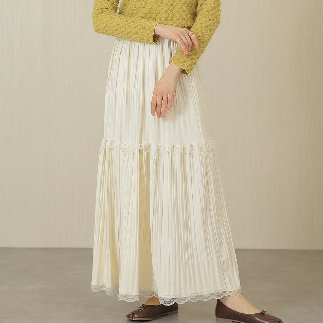 プリーツ ドッキング イージー マキシ スカート 女性 レディース ボトム 春 秋 冬 単色 無地 ニュアンス ウエストゴム 楽ちん ロング ギャザー フレア Aライン レース フリル 華やか 上品 可愛い ガーリー