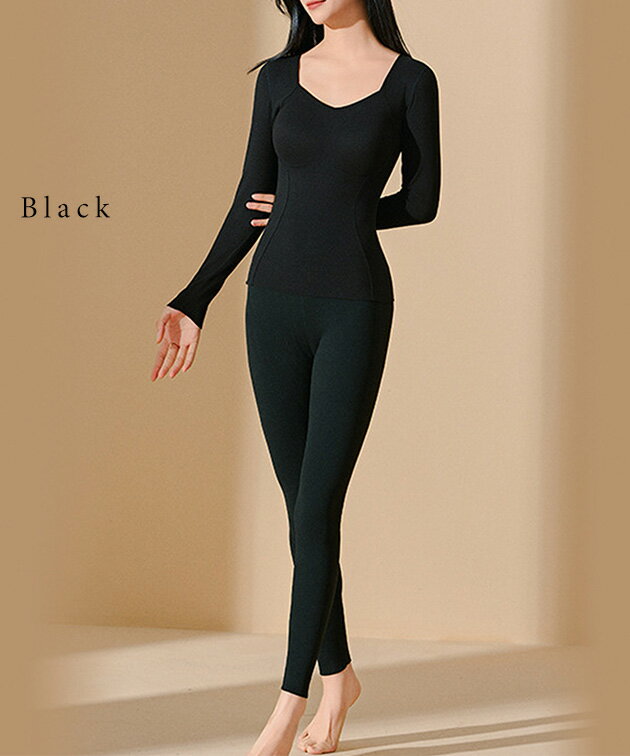 【2点セット】ソリッドカラー ペンタゴンネック カップ付き 長袖 インナー 女性 レディース トップス レギンス ボトム 下着 肌着 秋 冬 あったか 単色 無地 シンプル ミニマル 温活 伸縮 発熱 フィット スリム 抗菌 ルームウエア 一体型