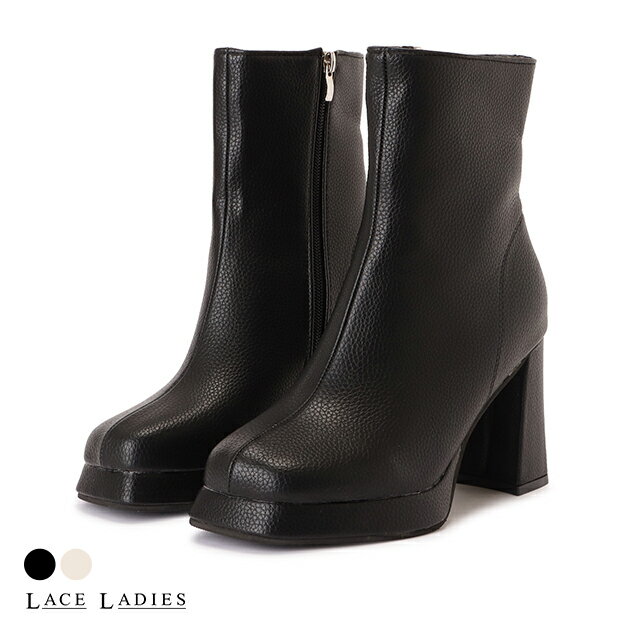 チャンキーヒール ショートブーツ PUレザー シボ感 スクエアトゥ サイドジップ 太ヒール ハイヒール レディース 春 秋 冬 美脚 脚長 カジュアル ストリート きれいめ フェミニン ガーリー 上品 韓国 ブラック アイボリー