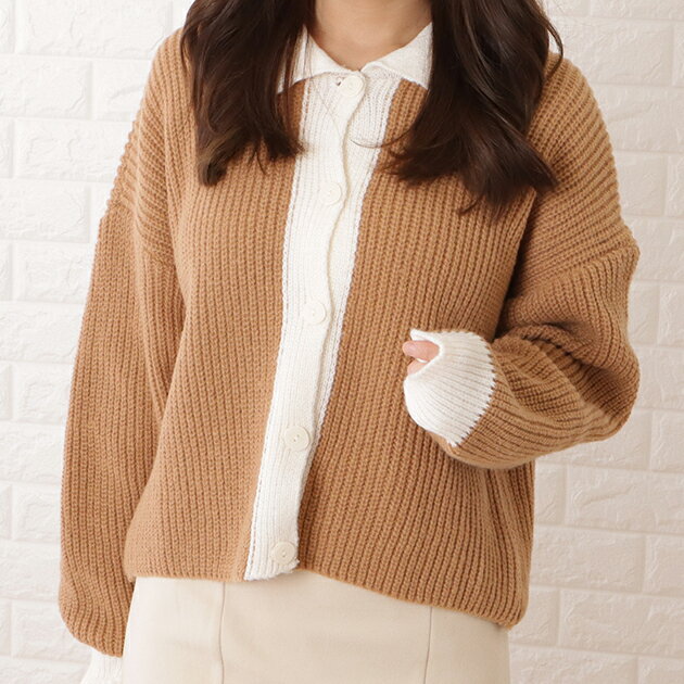 ポロ襟配色デザインニットカーディガン 女性 レディース 秋 冬 セーター トップス バイカラー 落ち感 ゆったり コンパクト クロップド ショート メリハリ 大人 上品 エレガント きれいめ カジュアル 羽織り