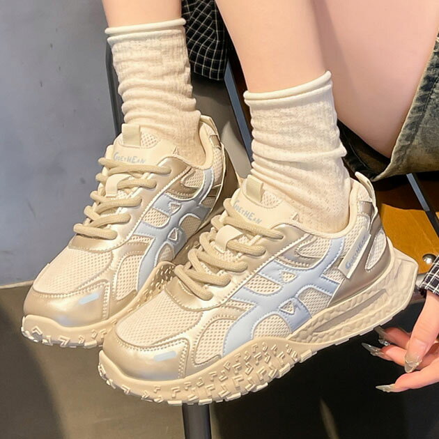 Rakuten - 配色 ライン レースアップ メッシュ スニーカー 女性 レディース 靴 シューズ 春 夏 秋 冬 スポーティ デイリー アーバン 運動靴 カジュアル アクティブ ストリート ダッドシューズ 通気性 厚底 ボリューム スリッポン 凹凸 カラフル