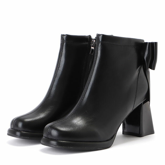 バックリボンチャンキーショートブーツ 女性 レディース 靴 シューズ ボリューム 太ヒール フェイクレザー 合皮 シック カジュアル シンプル ガーリー キュー...