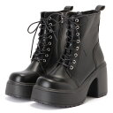 厚底レースアップショートブーツ 女性 レディース 靴 シューズ 合皮 フェイクレザー ボリューム フィット 美脚 脚長プラットフォーム ストラップ 編み上げ 歩...