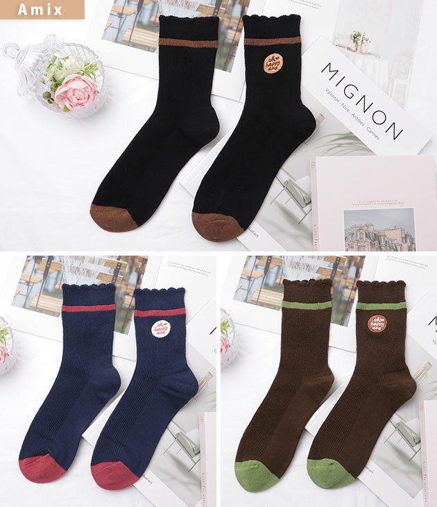 【6足セット】スカラップ配色ラインクルーソックス 女性 レディース 靴下 シューズ 秋 冬 春 コットン 綿 単色 無地 リブ フィット ワンポイント ワッペン 刺繍 シンプル ベーシック 吸汗 防摩擦 カジュアル デイリー キュート