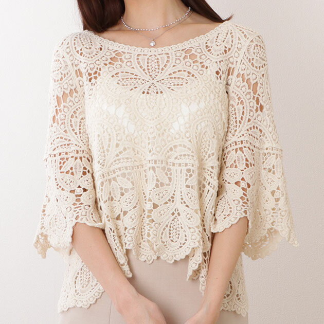 クロシェ編み スカラップ 7分袖 ショート トップス 女性 レディース プルオーバー ラウンドネック Uネ..