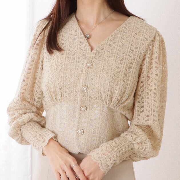 Vネック タック&ギャザー コンパクト レース トップス 女性 レディース ジャケット カーディガン 春 秋 冬 透かし編み パワーショルダー バブル ウエスト 羽織り フェミニン 上品 華やか オンコーデ