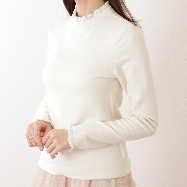 乐天商城 - レース ドッキング プチハイネック 長袖 プルオーバー 女性 レディース トップス 春 秋 冬 単色 無地 シンプル ベーシック 定番 着回し カジュアル きれいめ 上品 フリル 可愛い キュート 重ね着 フェイクレイヤード