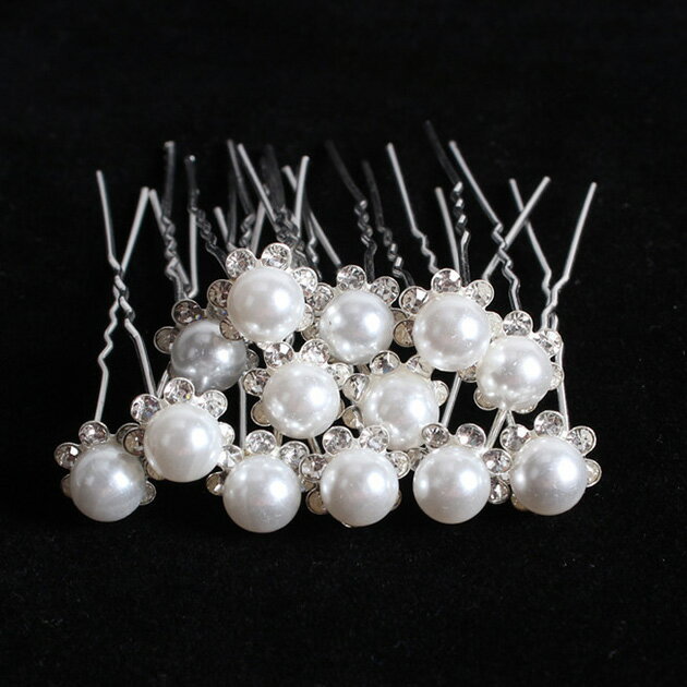 【20本セット】 パール × ビジュー フラワー ドレス Uピン 女性 レディース ヘアアクセサリー 花 髪飾り ビーズ イミテーション 真珠 キラキラ 花 フ...