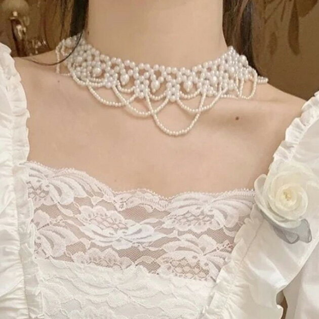 Rakuten - ダブルライン スカラップ カラー パール ネックレス レディース 女性 アクセサリー 襟 チョーカー 真珠 ブラウス 上品 華やか エレガント 結婚式 パーティー オケージョン ドレス 存在感 フォーマル セレモニー