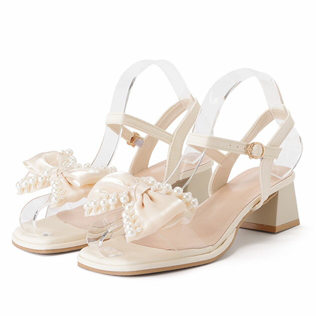 パールリボンバックストラップパンプス 女性 レディース スクエアトゥ 華やか 上品 レディ フェミニン クリア 抜け感 カジュアル チャンキーヒール デート 合...